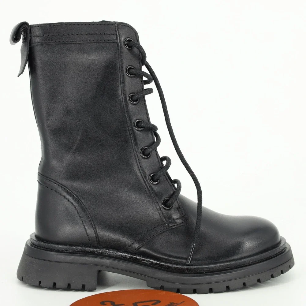 Zara Girls Black Leather Lace Up Side Zip Combat Boots Size 12.5 Ankle Boots NWT